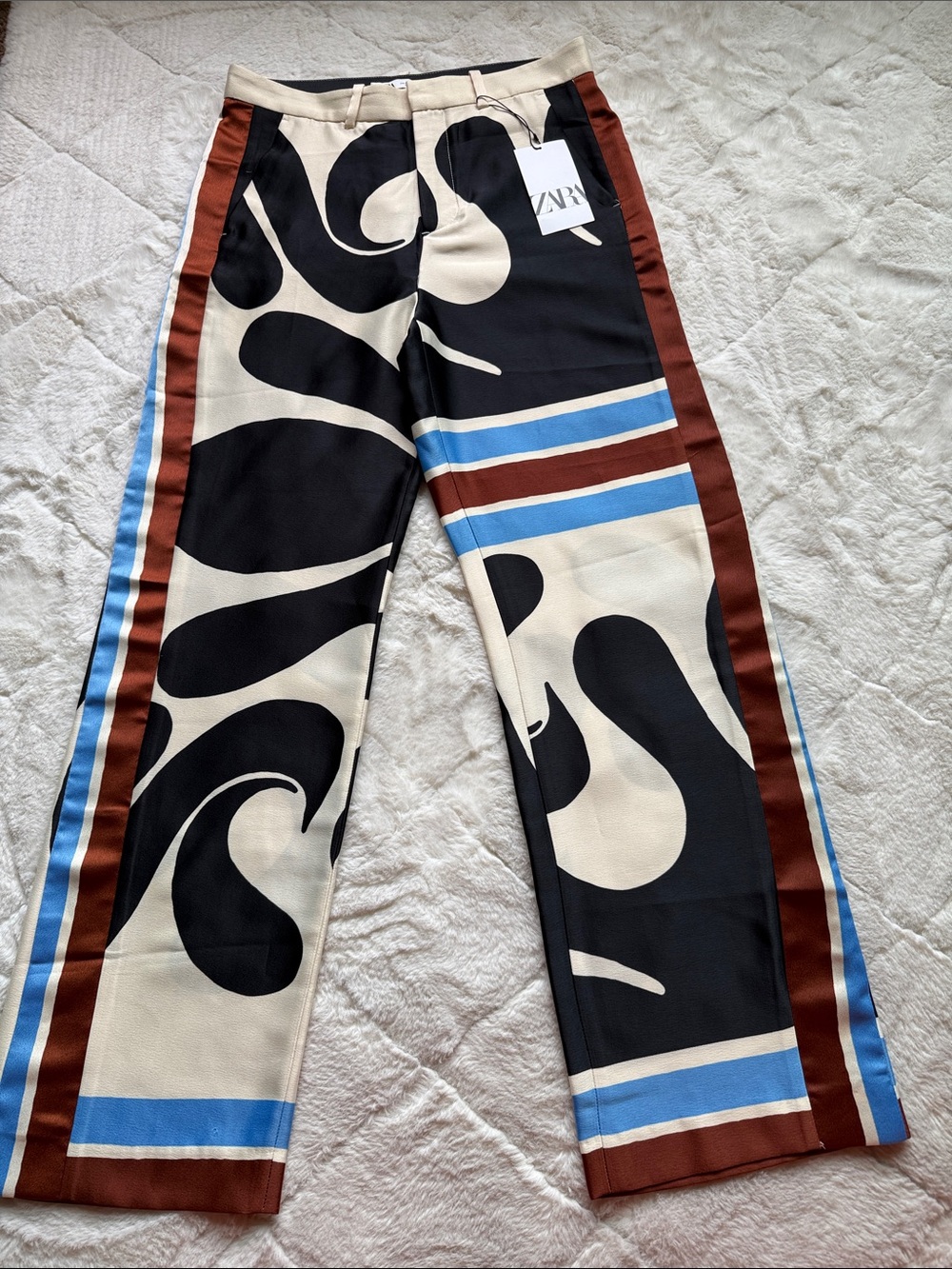ZARA Cream, Black & Blue Graphic Wide-Leg Trousers